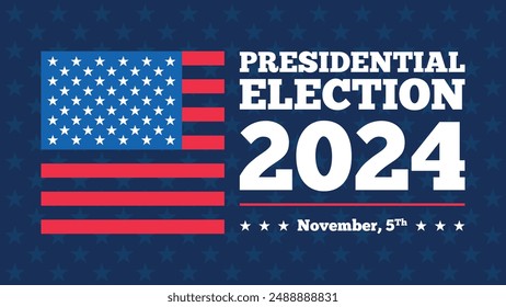 Fondo de las elecciones presidenciales de USA 2024 con diseño de colores de la bandera estadounidense. Anuncio del evento electoral, tarjeta, afiche, Plantilla, comunicación de votación, antecedentes. Día de la votación, 5 de noviembre. Ilustración vectorial.