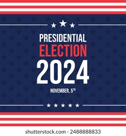 Fondo de las elecciones presidenciales de USA 2024 con diseño de colores de la bandera estadounidense. Anuncio del evento electoral, tarjeta, afiche, Plantilla, comunicación de votación, antecedentes. Día de la votación, 5 de noviembre. Ilustración vectorial.