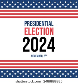 Fondo de las elecciones presidenciales de USA 2024 con diseño de colores de la bandera estadounidense. Anuncio del evento electoral, tarjeta, afiche, Plantilla, comunicación de votación, antecedentes. Día de la votación, 5 de noviembre. Ilustración vectorial.