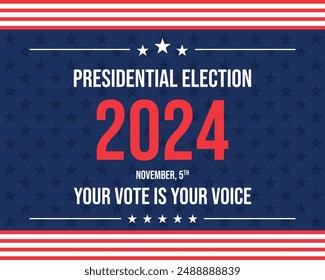 Fondo de las elecciones presidenciales de USA 2024 con diseño de colores de la bandera estadounidense. Anuncio del evento electoral, tarjeta, afiche, Plantilla, comunicación de votación, antecedentes. Día de la votación, 5 de noviembre. Ilustración vectorial.