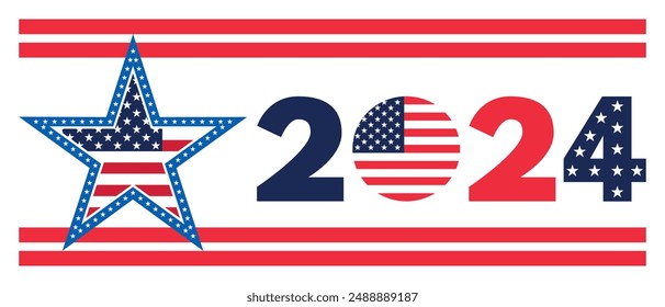 Fondo de las elecciones presidenciales de USA 2024 con diseño de colores de la bandera estadounidense. Anuncio del evento electoral, tarjeta, afiche, Plantilla, comunicación de votación, antecedentes. Día de la votación, 5 de noviembre. Ilustración vectorial.