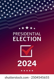 USA 2024 Presidential Election background with American flag colors design. Election event banner, card, poster, template, voting communication, background. Vote day, November 5. Vector illustration.