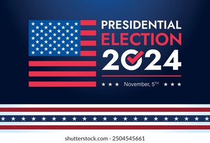 USA 2024 Presidential Election background with American flag colors design. Election event banner, card, poster, template, voting communication, background. Vote day, November 5. Vector illustration.