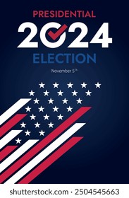 Fondo de las elecciones presidenciales de Estados Unidos 2024 con diseño de colores de bandera estadounidense. Anuncio del evento electoral, tarjeta, cartel, Plantilla, comunicación de votación, antecedentes. Día de votación, 5 de noviembre. Ilustración vectorial.