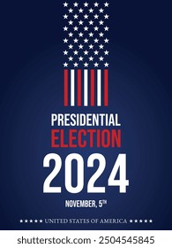 Fondo de las elecciones presidenciales de Estados Unidos 2024 con diseño de colores de bandera estadounidense. Anuncio del evento electoral, tarjeta, cartel, Plantilla, comunicación de votación, antecedentes. Día de votación, 5 de noviembre. Ilustración vectorial.