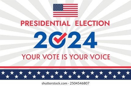 USA 2024 Presidential Election background with American flag colors design. Election event banner, card, poster, template, voting communication, background. Vote day, November 5. Vector illustration.