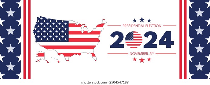 USA 2024 Presidential Election background with American flag colors design. Election event banner, card, poster, template, voting communication, background. Vote day, November 5. Vector illustration.