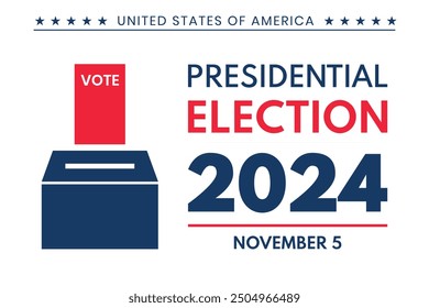 Fondo de las elecciones presidenciales de Estados Unidos 2024 con diseño de colores de bandera estadounidense. Anuncio del evento electoral, tarjeta, cartel, Plantilla, comunicación de votación, antecedentes. Día de votación, 5 de noviembre. Ilustración vectorial.