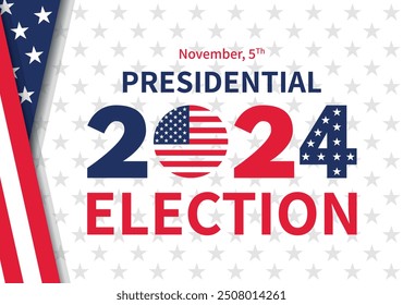 Fondo de las elecciones presidenciales de Estados Unidos 2024 con diseño de colores de bandera estadounidense. Anuncio del evento electoral, tarjeta, cartel, Plantilla, comunicación de votación, antecedentes. Día de votación, 5 de noviembre. Ilustración vectorial.