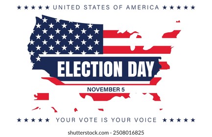 USA 2024 Presidential Election background with American flag colors design. Election event banner, card, poster, template, voting communication, background. Vote day, November 5. Vector illustration.