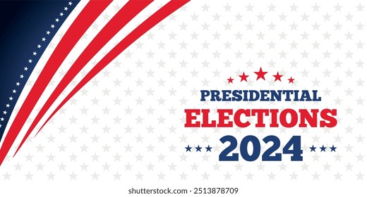 Fondo de las elecciones presidenciales de Estados Unidos 2024 con diseño de colores de bandera estadounidense. Anuncio del evento electoral, tarjeta, cartel, Plantilla, comunicación de votación, antecedentes. Día de votación, 5 de noviembre. Ilustración vectorial.