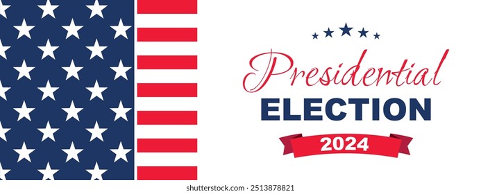 USA 2024 Presidential Election background with American flag colors design. Election event banner, card, poster, template, voting communication, background. Vote day, November 5. Vector illustration.