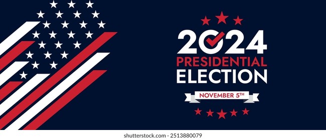 Fondo de las elecciones presidenciales de Estados Unidos 2024 con diseño de colores de bandera estadounidense. Anuncio del evento electoral, tarjeta, cartel, Plantilla, comunicación de votación, antecedentes. Día de votación, 5 de noviembre. Ilustración vectorial.