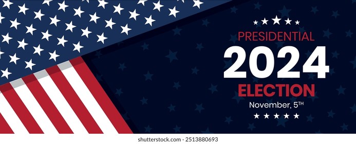 Fondo de las elecciones presidenciales de Estados Unidos 2024 con diseño de colores de bandera estadounidense. Anuncio del evento electoral, tarjeta, cartel, Plantilla, comunicación de votación, antecedentes. Día de votación, 5 de noviembre. Ilustración vectorial.