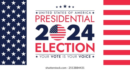 Fondo de las elecciones presidenciales de Estados Unidos 2024 con diseño de colores de bandera estadounidense. Anuncio del evento electoral, tarjeta, cartel, Plantilla, comunicación de votación, antecedentes. Día de votación, 5 de noviembre. Ilustración vectorial.