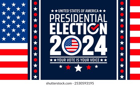 USA 2024 Fondo de la elección presidencial o diseño de Anuncio con bandera estadounidense. uso para el Anuncio del evento electoral, tarjeta, póster, fondo. EE.UU. Vote o Elección 2024. Anuncio de campaña electoral política.