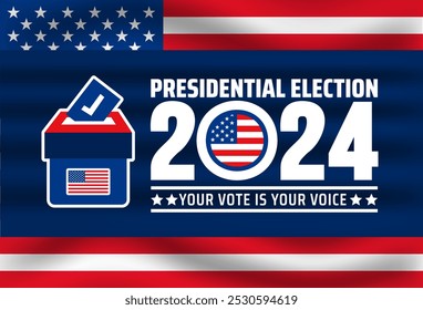 USA 2024 Presidential Election background com urna de votação e papel. use to Election event banner, card, poster, background. USA Vote or Election 2024 (em inglês). Banner da campanha eleitoral política.