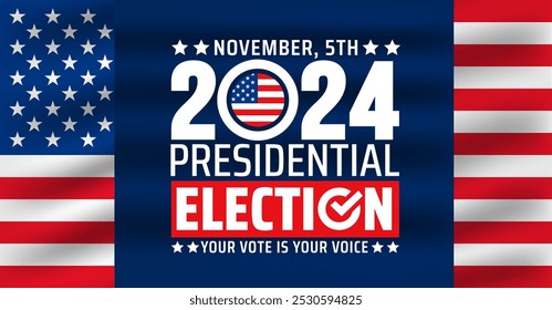 USA 2024 Fondo de la elección presidencial o diseño de Anuncio con bandera estadounidense. uso para el Anuncio del evento electoral, tarjeta, póster, fondo. EE.UU. Vote o Elección 2024. Anuncio de campaña electoral política.