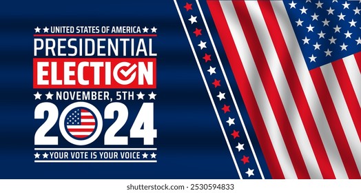 USA 2024 Fondo de la elección presidencial o diseño de Anuncio con bandera estadounidense. uso para el Anuncio del evento electoral, tarjeta, póster, fondo. EE.UU. Vote o Elección 2024. Anuncio de campaña electoral política.