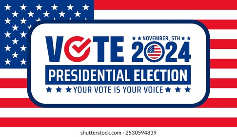 USA 2024 Fondo de la elección presidencial o diseño de Anuncio con bandera estadounidense. uso para el Anuncio del evento electoral, tarjeta, póster, fondo. EE.UU. Vote o Elección 2024. Anuncio de campaña electoral política.