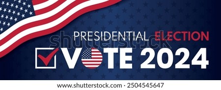 USA 2024 Presidential Election background with American flag colors design. Election event banner, card, poster, template, voting communication, background. Vote day, November 5. Vector illustration.