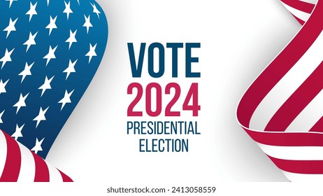 USA 2024 Presidential Elections Banner. US President Election Event. Vote Day. Waving American flag. Vector illustration.