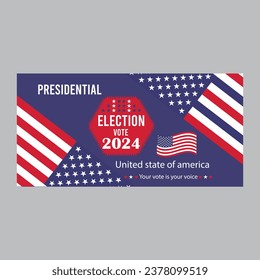 USA 2024 Presidential Elections Event Banner, background, card, poster design vector. Presidential Elections 2024 Banner with American colors design and typography. Vote day. US Election.
