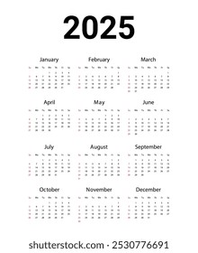 USA 2025 calendar. English Vector design template start from Sunday. Full for wall calendar