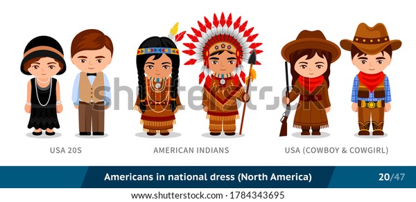 USA\
20s, American Indians, USA, cowboy and cowgirl. Men and women in\
national dress. Set of people wearing ethnic clothing. Cartoon\
characters. North America. Vector flat\
illustration.