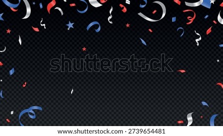 USA 250th Independence Day background with red white and blue confetti on transparent.