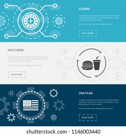 USA 3 horizontal webpage banners template with Casino, Fast food, USA flag concept icons. Flat modern isolated icon illustration.