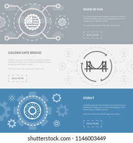 USA 3 horizontal webpage banners template with made in USA, Golden Gate Bridge, Donut concept icons. Flat modern isolated icon illustration.