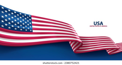 USA 3D ribbon flag. Bent waving 3D flag in colors of the United States of America national flag. National flag background design.