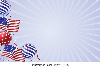 USA 4 July Independence Day America with Flag, Balloons, and Confetti Landscape Background 