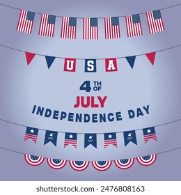 USA 4th of July American flag for Independence Day. Set Of Patriotic Bunting  Flags. Social Media Post Design Or Template Hanging Flags With Rope The United States Flag Art Victor illustration.