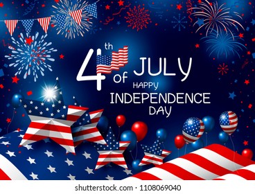 USA 4th of  july happy independence day design of american flag with fireworks vector illustration