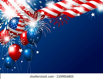 USA 4th of july happy independence day design of american flag and balloon with fireworks vector illustration