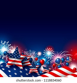 USA 4th of july happy independence day design of american flag with fireworks vector illustration