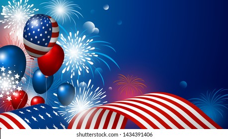 USA 4th july happy independence day design of american flag with fireworks vector illustration