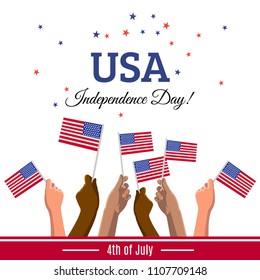 USA 4th of July Independence Day placard, banner or greeting card. Vector illustration with american flags on young people hands