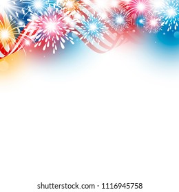 USA 4th july independence day design of american flag with fireworks on white background vector illustration