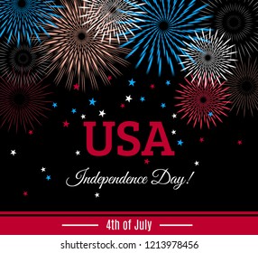 USA 4th of July Independence Day placard, banner or greeting card with fireworks and stars shape confetti. Vector illustration