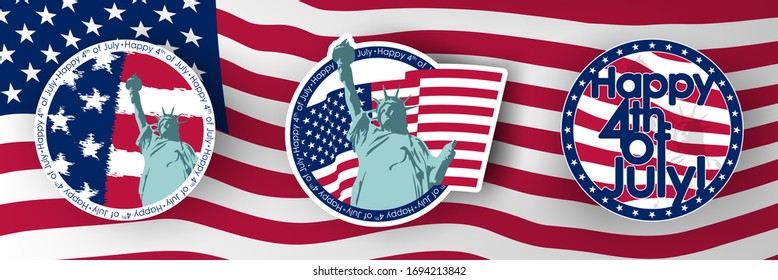 USA 4th July Independence Day holiday emblem set. Round badges with US flag and Statue of Liberty. Vector illustration.