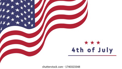 USA 4th of July Independence Day greeting card with waving national flag and white background