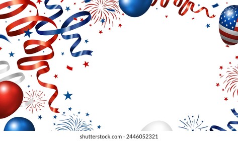 USA 4th of july independence day banner design of ribbon and balloon with firework on white background Vector illustration