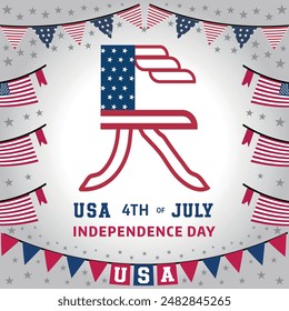 USA 4th of July Independence Day.Patriotic Bunting Flags.  American flag, Stars, Editable EPS file.Victor Graphics template for Social Media Post Banners Grey and white Background.