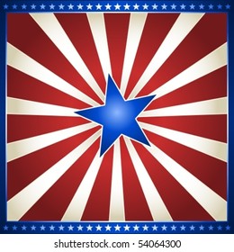 USA, 4th of July red and white star burst with shiny blue centre star. Use of gradients, global colors.