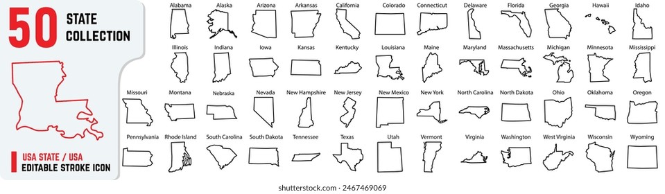 USA 50 editable stroke icon, also includes New York, Pennsylvania, Rhode Island, South Carolina, South Dakota, Tennessee, Texas, Vector outline of 50 states with their names 