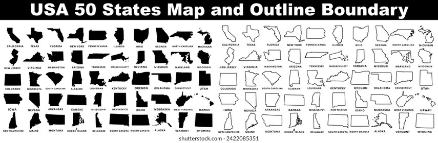 USA 50 States Map, Outline Boundary, educational tool. Clear representation, individual states isolated for easy identification, learning. Perfect for educational materials, travel graphics.