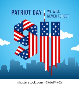 USA 9.11 Patriot Day greeting card. Digits made of ribbons with American flag's stars and stripes. Vector remembrance illustration.